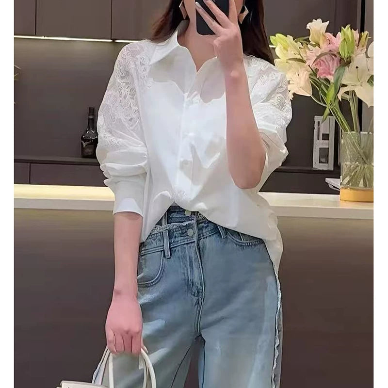 Qadınlar üçün Böyük Ölçülü Zərif Krujeva Nakışlı Uzunqol Ağ Köynək, 2026 Yeni Yaz Modeli, Boş Forma, Gündəlik Top