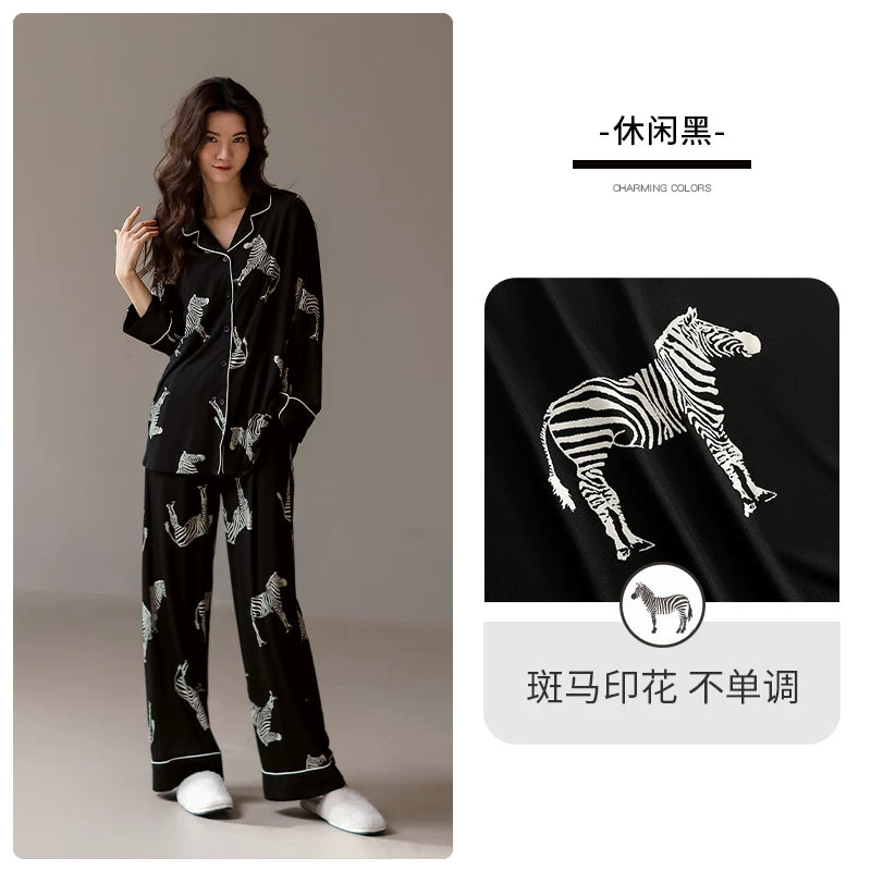 Jialefen Qadınlar üçün Yaz və Payız Modalı Uzunqollu Ev Geyimi Yay İncə Zebra Dəsti Qara Yüksək Ucuz Stil