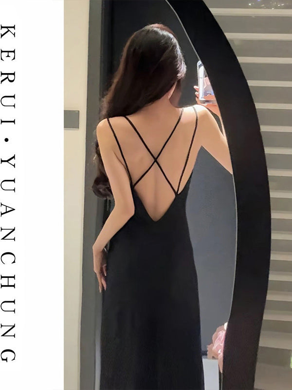 Qadınlar üçün yüksək səviyyəli unikal buz ipək pijama yay yeni qara çarpaz gözəl arxa gecə paltarı Kral bacısı seksual və gözəl dəst