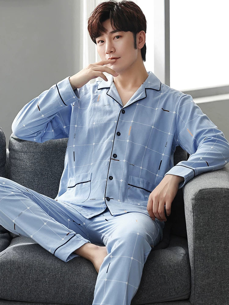 Langsha Kişilər üçün Təmiz Pambıq Pijama 2025 Yeni Yaz və Payız Nazik Uzunqollu Böyük Ölçülü Payız və Qış Kişilər üçün Ev Geyimləri Dəsti