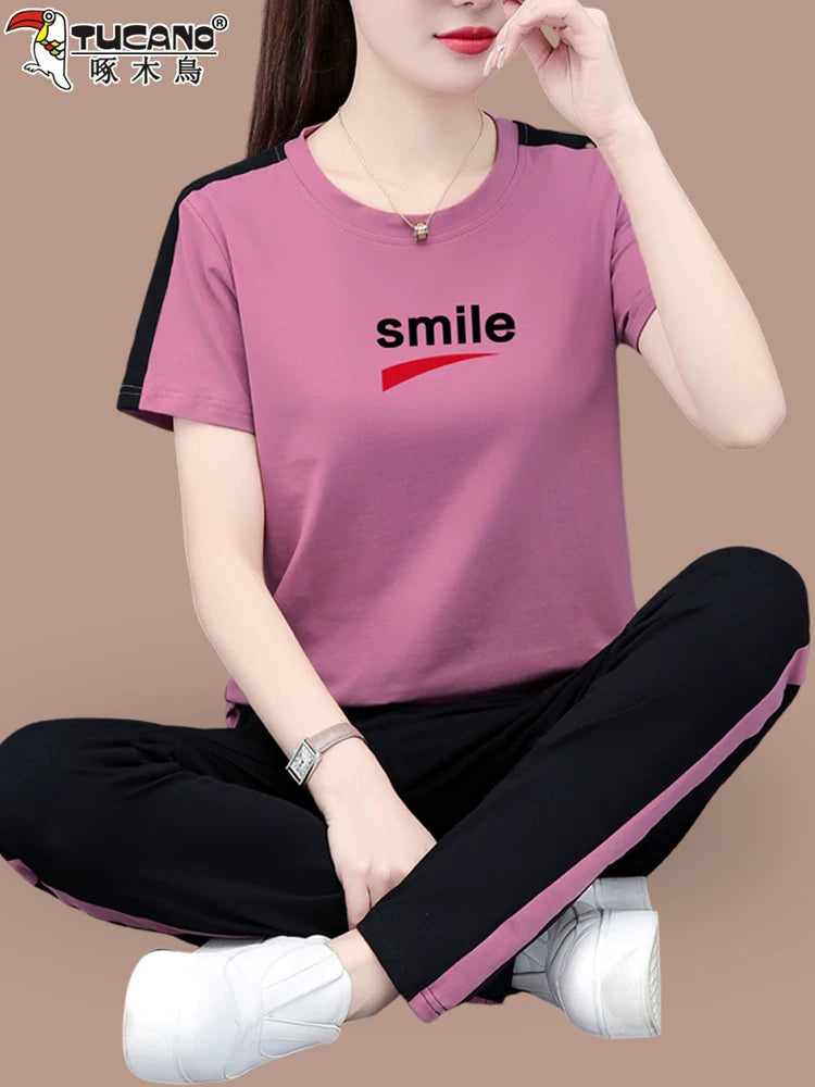 Qadınlar üçün ağacdələn pambıq qısaqol idman kostyumu 2026 yay yeni moda boş təsadüfi yay iki hissəli dəst