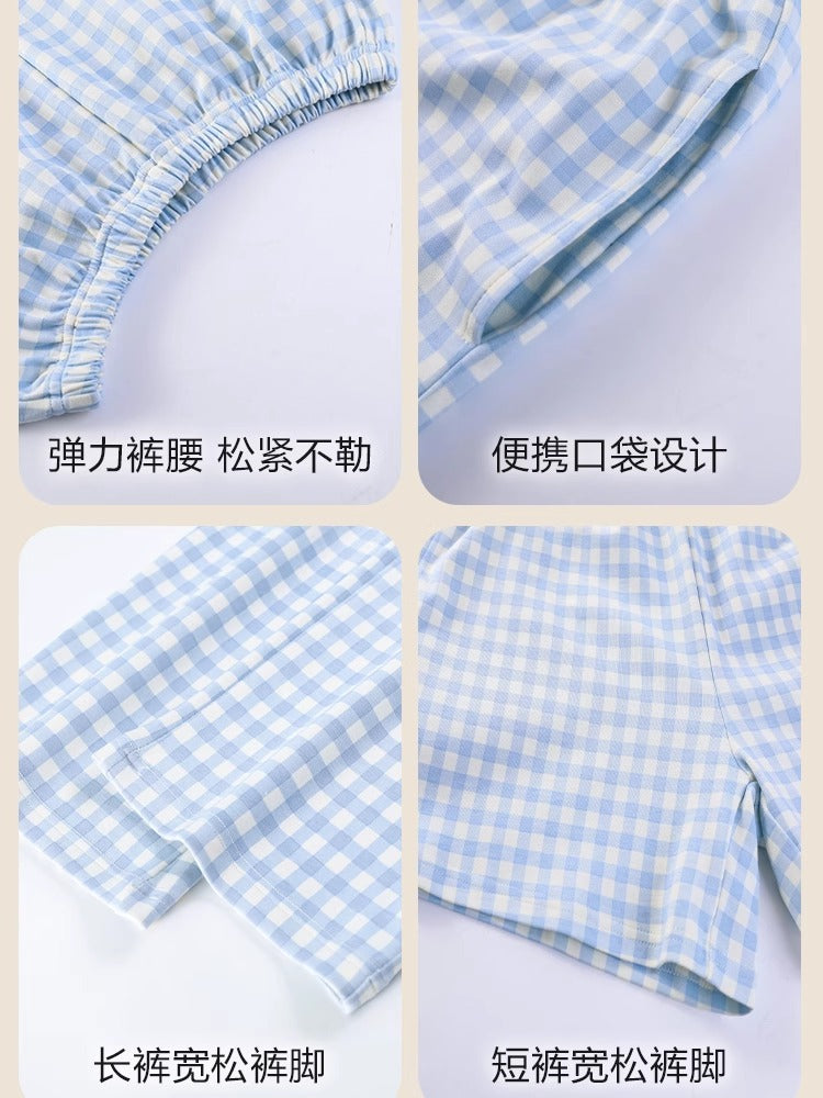 Qadınlar üçün üç hissəli təmiz pambıq pijama dəsti, yastıqlı qısaqol şalvarla yay sevimli cizgi filmi qız tələbə ev paltarı