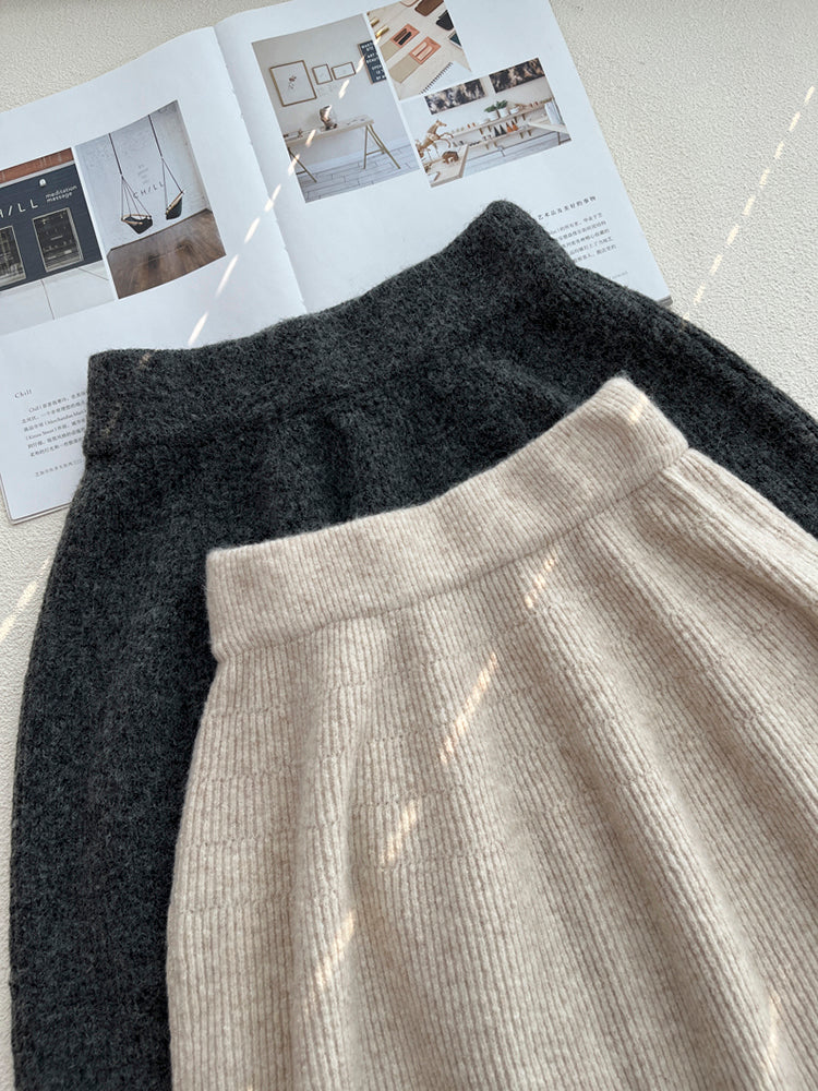 French style, elegant, loose fit round neck sweater, spring knit sweater, mid-length A-line skirt set.