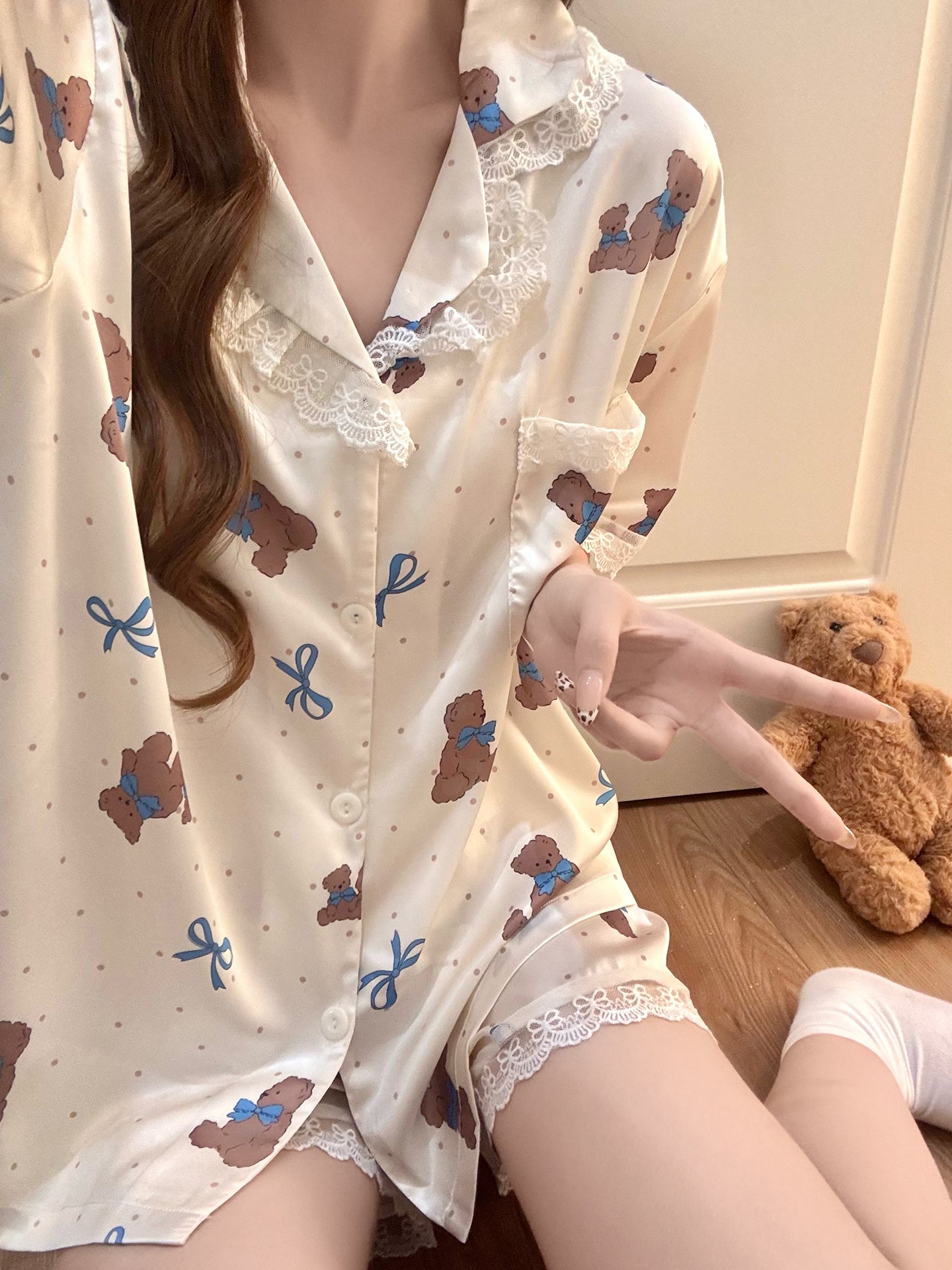 2026 Yeni Yay Sevimli Ayı Qısaqol Buz İpək Pijama Qadın Krujeva Geyinilə bilən Xarici Kostyum Ev Geyimi