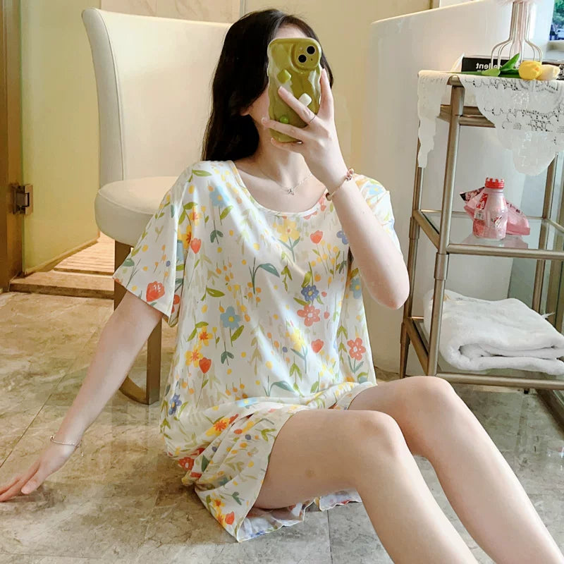 Qısaqol şort, qadın üçün pambıq ipək pijama, yay şirin kondisionerli ev paltarı, cizgi filmi qızları çöldə geyinmək olar, tələbə pambıq ipək kostyumlar