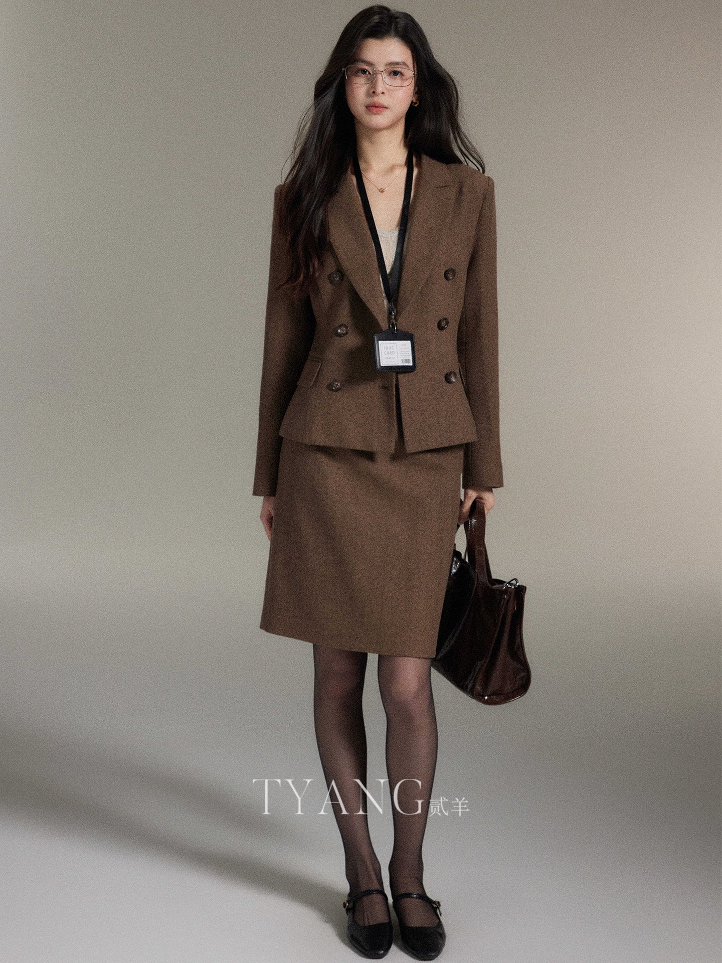 Eryang Design [Muyu] Şəhər içi üslubunda retro üslublu açıq işgüzar yun blazer + ətək dəsti