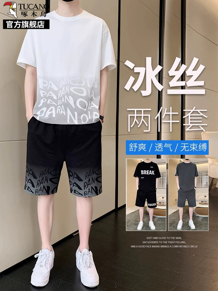 Ağacdələn Buz İpək Gündəlik Kostyum Kişi Qısaqol T-Shirt 2026 Yeni Yay İncə Şort Moda İdman Geyimi K