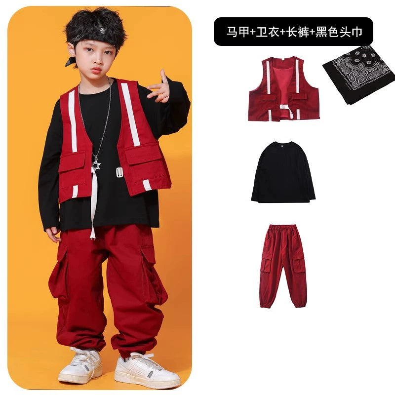 Küçə rəqsləri uşaqlar üçün dəbli, gözəl oğlanlar üçün hip-hop performansı jileti, üç hissəli hip-hop küçə performansı kostyumu.