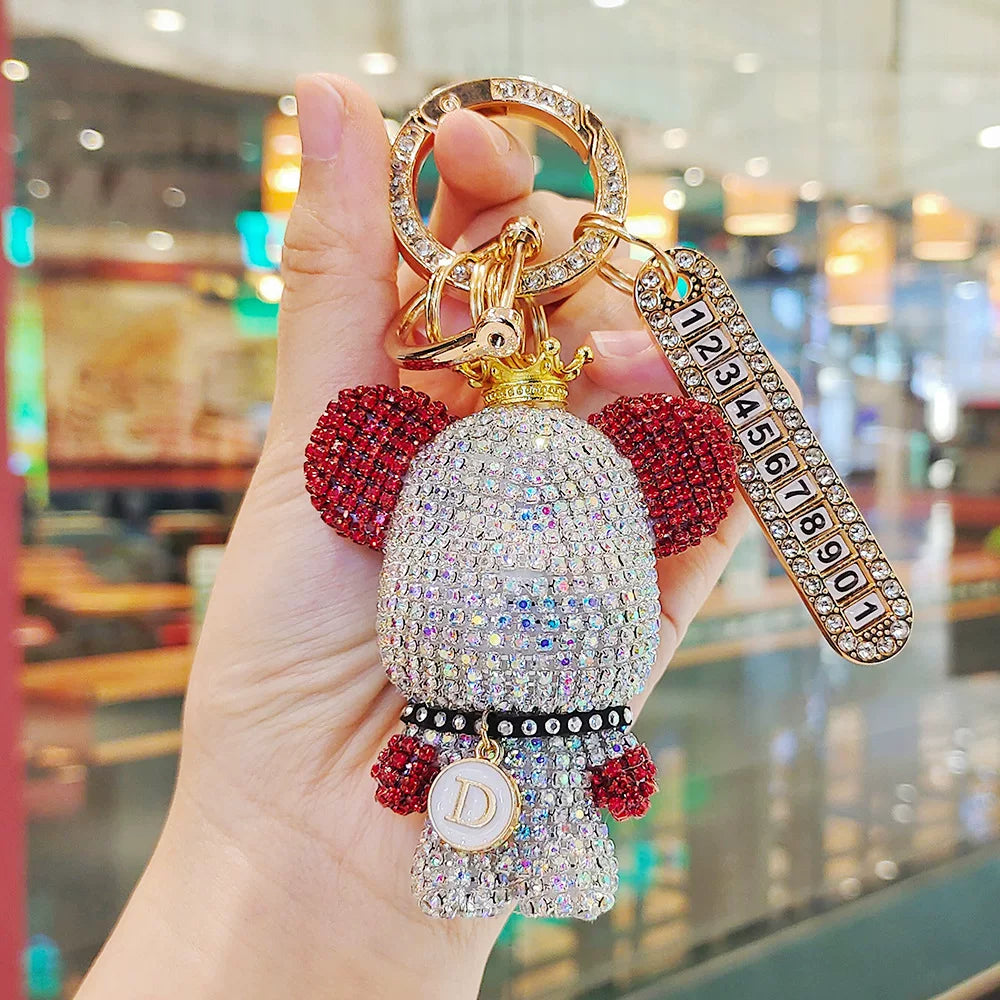 Cartoon full diamond bear-shaped car key chain, creative design, optional diamond-encrusted license plate pendant, anti-loss key chain gift.