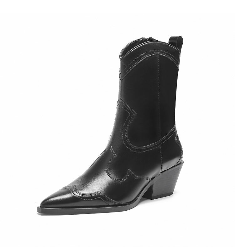 ZA2025 Yeni Orijinal Dəri Hündürdaban Qərb Kovboy Çəkmələri Retro Uclu Barmaqla İşlənmiş Hündürdaban Ayaq Biləyi Çəkmələri Qalın Dabanlı Martin Çəkmələri Qadınlar üçün