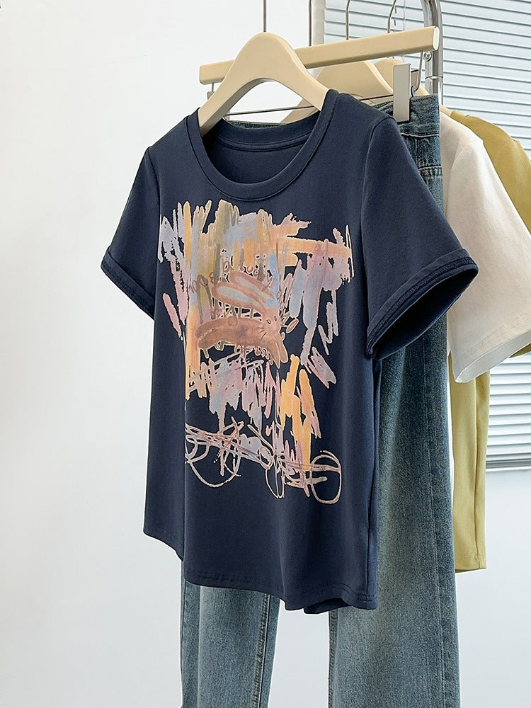 Qadınlar üçün Böyük Ölçülü Rəngli Qrafiti Qısa Qollu Futbolka, 2026 Yay Yeni Model, Yaltaq və Arıqladıcı, Boş Formalı, Dəbli Top