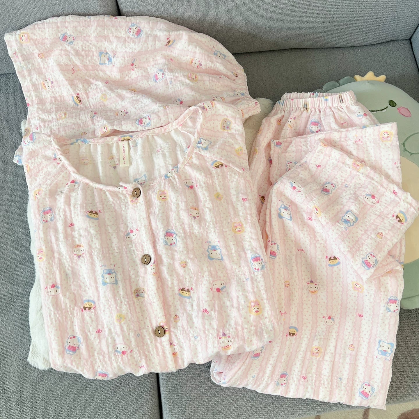 Yunduo təmiz pambıq cuna pijama qadın qısaqol şalvar 2026 yeni yay üç parça dəst sevimli pişik qız ev geyimi