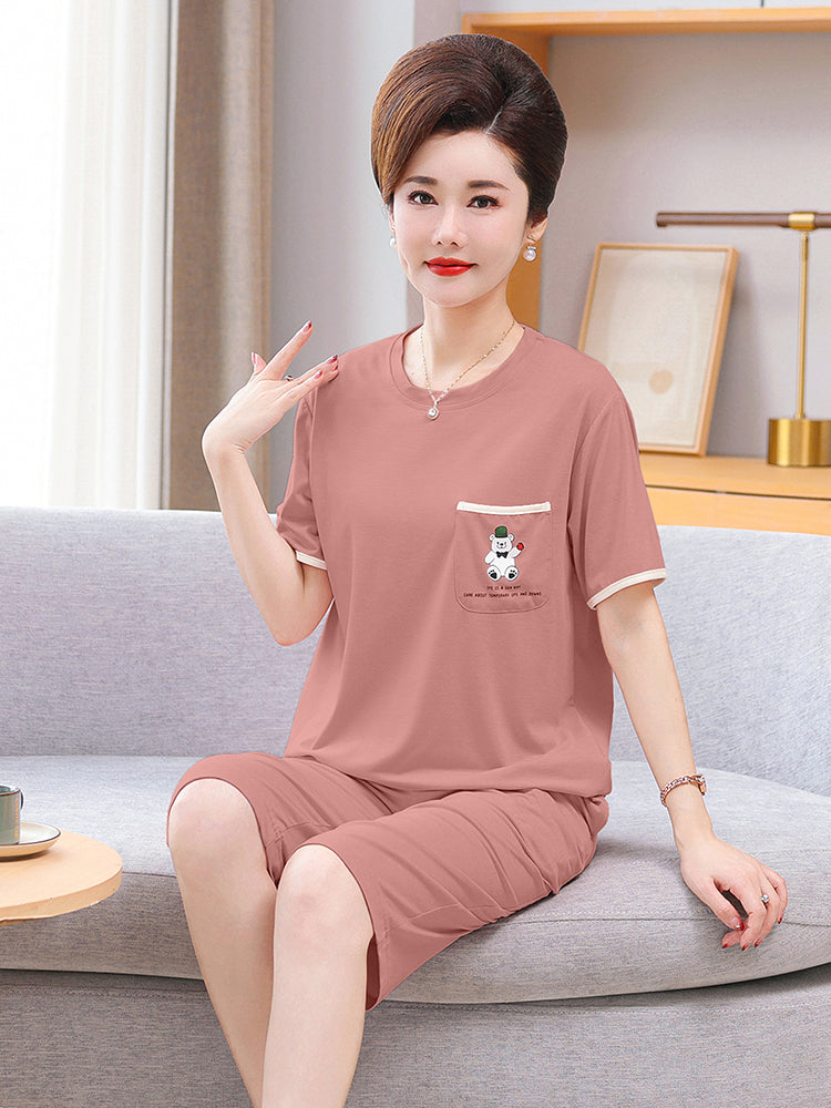 Fenton Kean Modal Pijama Qadın Orta Yaşlı və Yaşlı Analar üçün Yay İncə Qısaqol Soyuq Pullover Ev Geyimi Dəsti