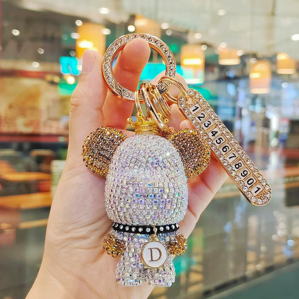 Cartoon full diamond bear-shaped car key chain, creative design, optional diamond-encrusted license plate pendant, anti-loss key chain gift.