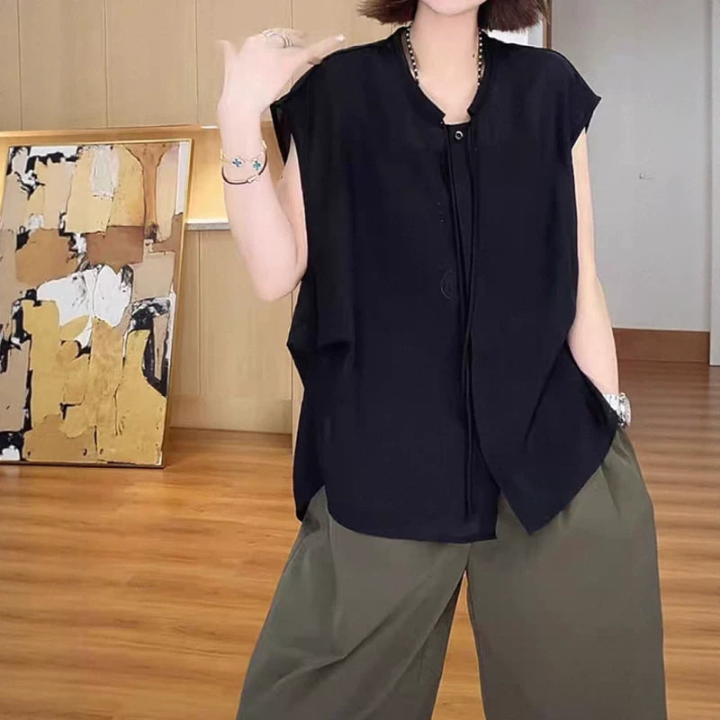 Qadınlar üçün böyük ölçülü, şık və zərif qalstuklu bluzka, yeni yay stili, geniş formalı, arıqladıcı, çoxfunksiyalı qısaqol köynək.