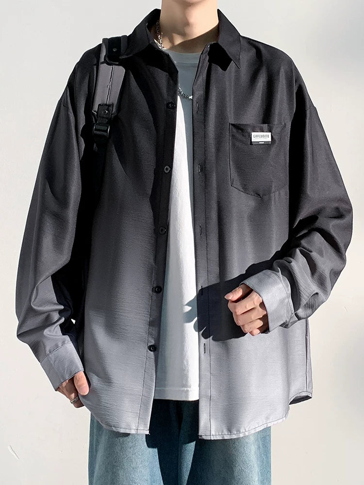 Buz ipək gradient qısaqol kişi köynəyi yaz, payız və yay boş təsadüfi kişi moda uzunqol köynək gödəkçəsi