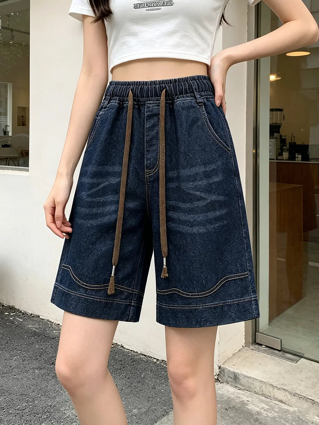 Qadınlar üçün yüksək belli denim geniş paçalı şalvar yay boş təsadüfi şort 2026 yeni böyük ölçülü xarici geyimi düz ayaqlı beş nöqtəli şalvar