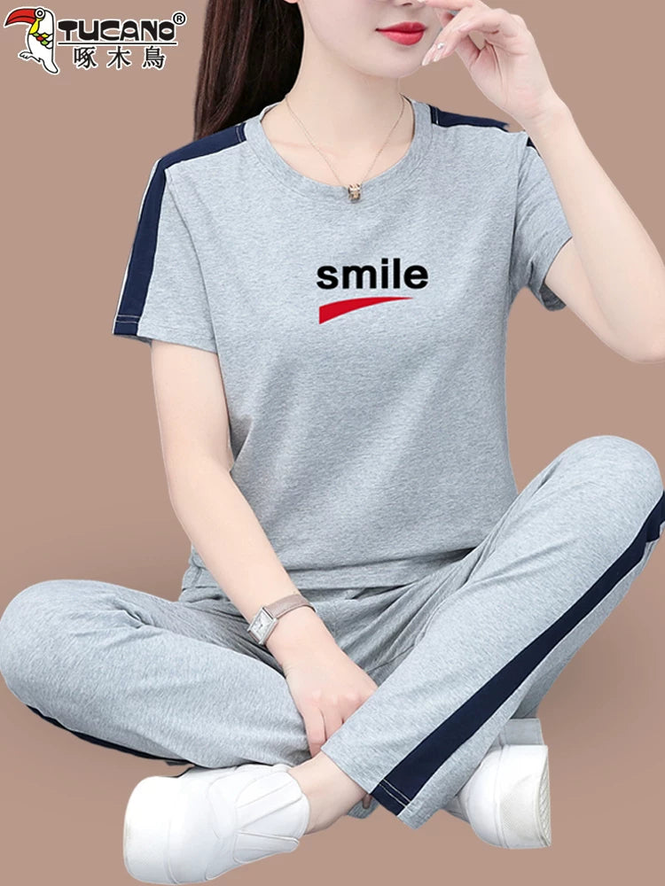 Qadınlar üçün ağacdələn pambıq qısaqol idman kostyumu 2026 yay yeni moda boş təsadüfi yay iki hissəli dəst