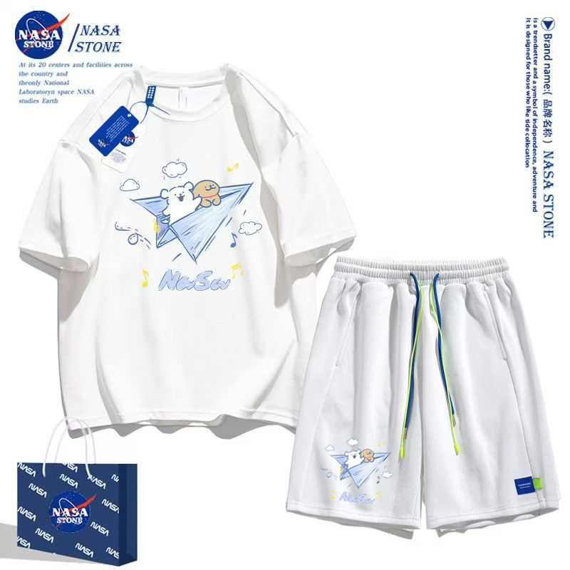 NASA kobrendli cizgi filmi qısaqol şort kostyumu 2025 yay moda markası təmiz pambıq köynək kişi və qadın idman beş nöqtəli şalvar