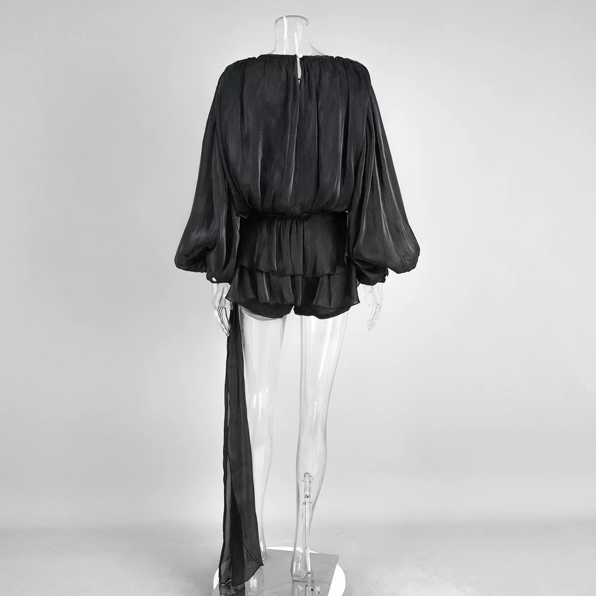 Qadınlar üçün şifon fənər qollu qalstuklu ön üst və büzməli ətək dəsti