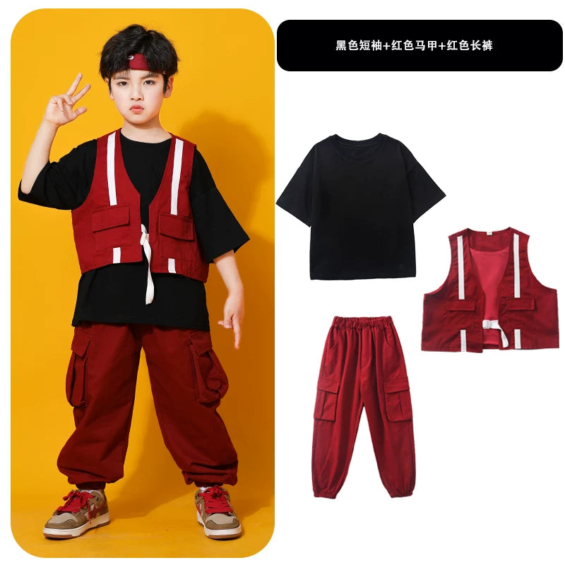 Küçə rəqsləri uşaqlar üçün dəbli, gözəl oğlanlar üçün hip-hop performansı jileti, üç hissəli hip-hop küçə performansı kostyumu.