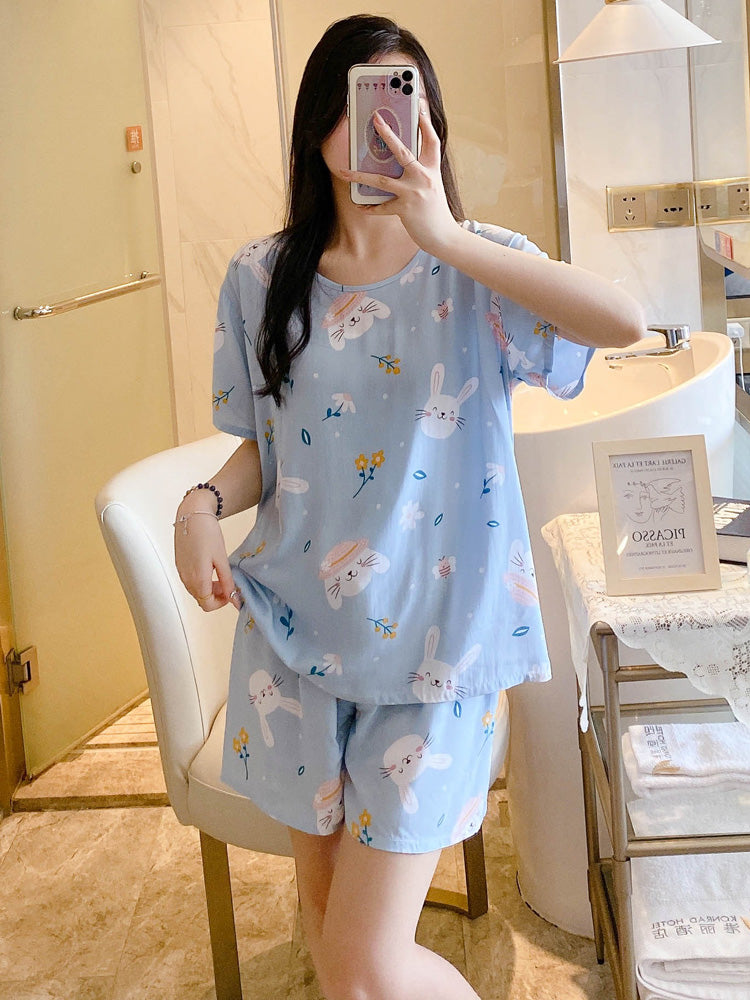 Qısaqol şort, qadın üçün pambıq ipək pijama, yay şirin kondisionerli ev paltarı, cizgi filmi qızları çöldə geyinmək olar, tələbə pambıq ipək kostyumlar