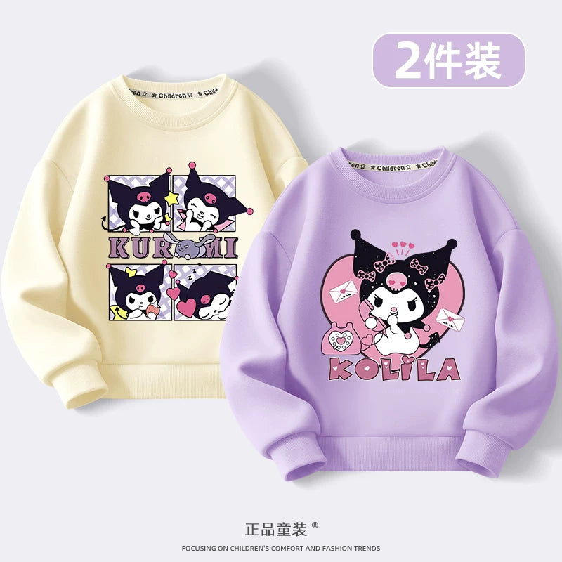 Kuromi Qızlar üçün Sweatshirt Payız/Qış 2024 Yeni Model Dəbli, Yun Astarlı Kürək Yaxalı Top Qızlar və Böyük Uşaqlar üçün