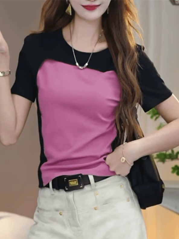 Qadınlar üçün Böyük Ölçülü Yay Yeni Saf Pambıq Nişa Rəngli Bloklu Qəşəng Qısa Qollu Futbolka, Qarın Örtmək və Arıqlamaq üçün Dizayn Edilib