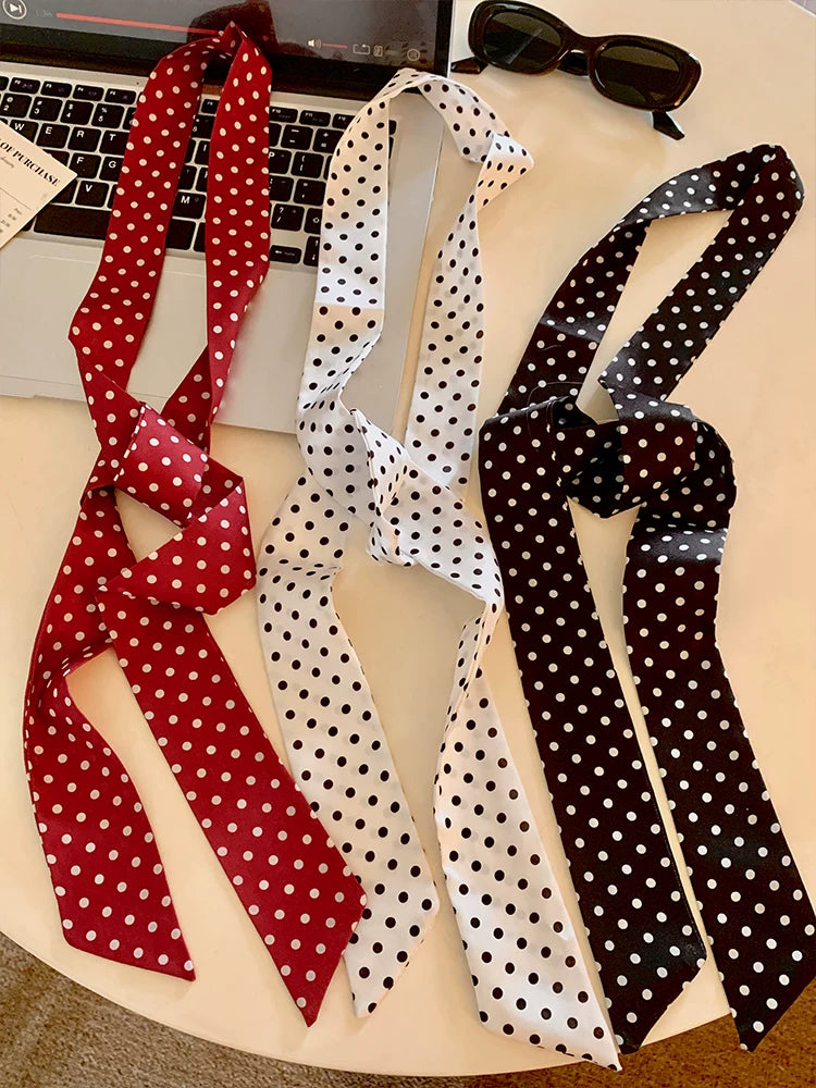 Qadınlar üçün polka-nöqtəli uzun ipək eşarp 2026 köynək və boyunlu yeni lent aksesuarları yüksək səviyyəli kiçik şərf və streç