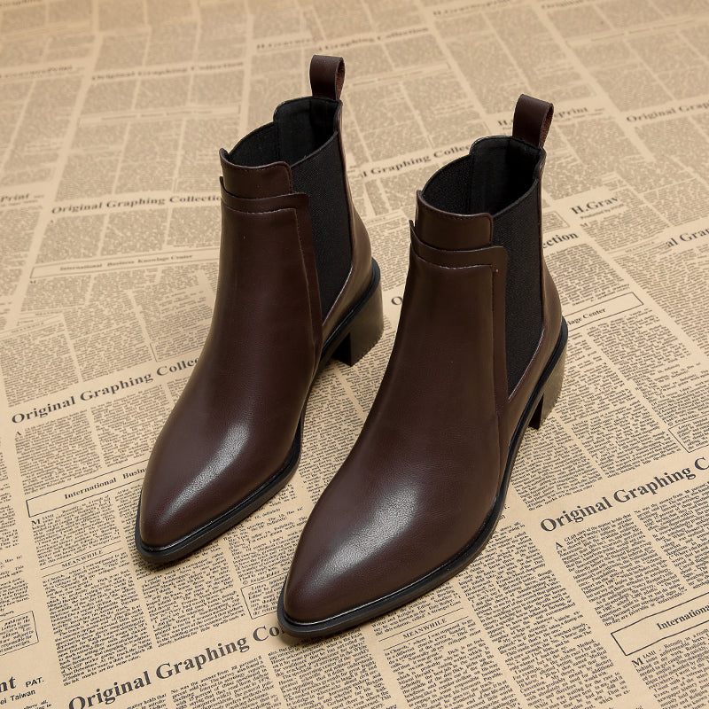 2025 Early Autumn Pointed Toe Mid Heel French Ankle Boots, Thick Heel Chelsea Brown Martin Women's Boots, Spring and Autumn