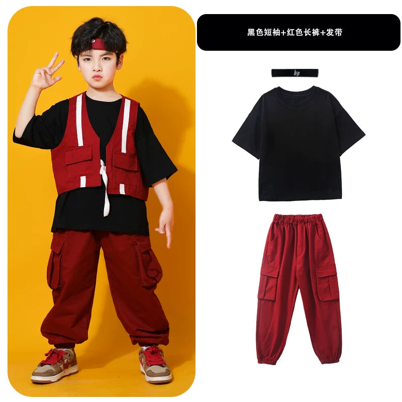 Küçə rəqsləri uşaqlar üçün dəbli, gözəl oğlanlar üçün hip-hop performansı jileti, üç hissəli hip-hop küçə performansı kostyumu.