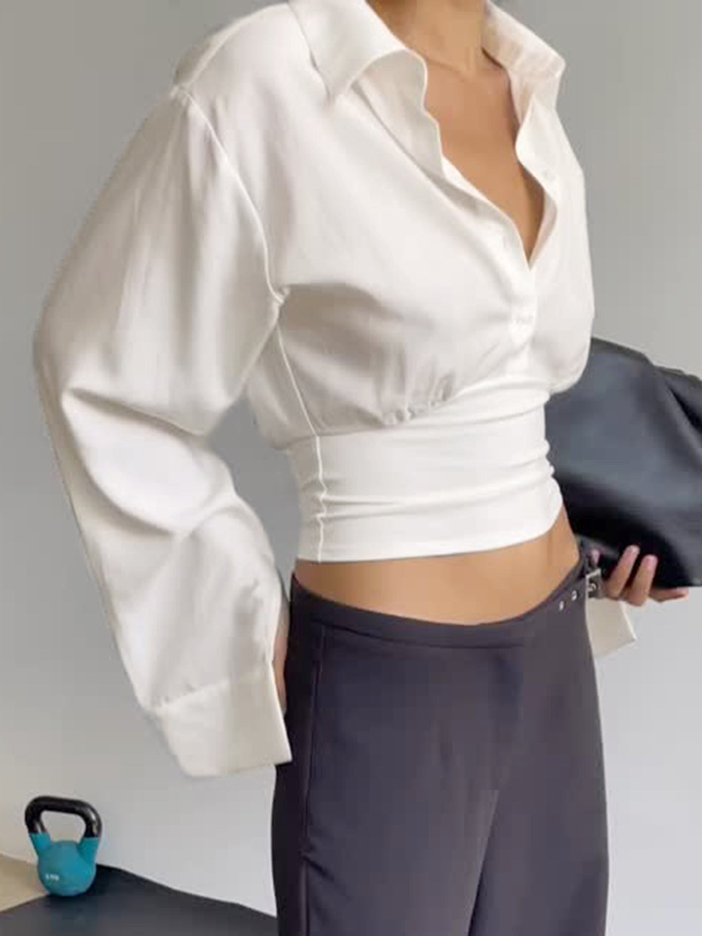 ROCKMORE [Yüksək IQ və Cazibədar Qız] Qadınlar üçün Ağ Belli, Düyməli Uzunqol Köynək, Seksual və Zərif Top