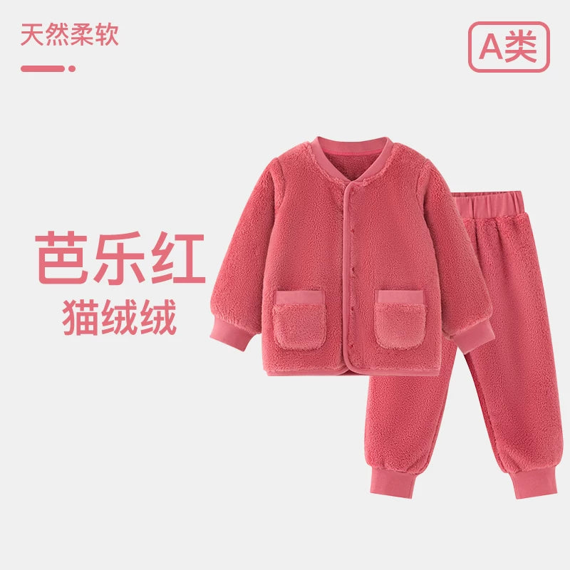 Körpə qış isti xalat, körpə pijamaları, oğlan və qızlar üçün yun astarlı, qalınlaşdırılmış uşaq mərcan yun ev xalat pijamaları