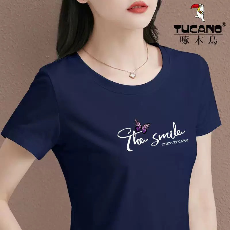 Clearance Pickup Woodpecker Mall Çıxarılır Yay Təmiz Pambıq Qısaqol Dəyirmi Yakalı Qadın T-shirti Böyük Ölçü Slim Fit Top