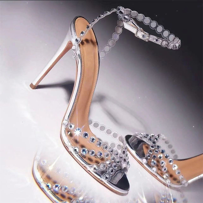 Qadın Ayaqqabıları Eleqant xanım yüksəkdabanlı jelly brilyant sandal stiletto dairəvi barmaqlı gümüşü yüksəkdabanlar qadınlar üçün