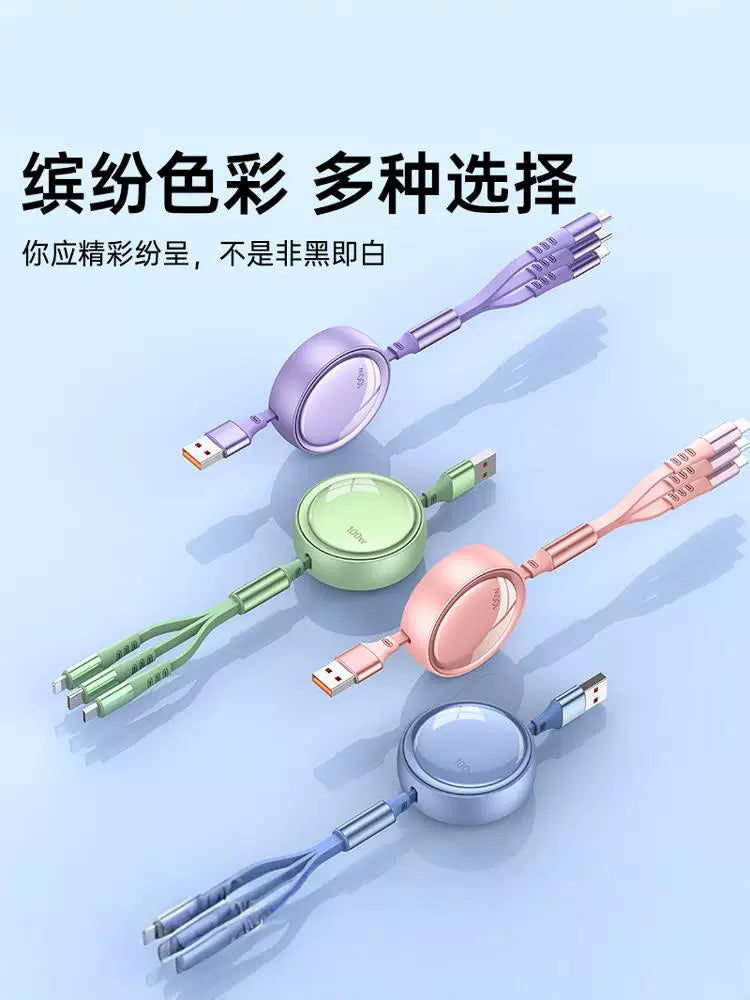 Avtomobil şarj cihazı, 100 Vt məlumat kabeli, super sürətli şarj, 3-ü 1-də geri çəkilə bilən kabel, Apple, Android və Type-C ilə uyğundur.