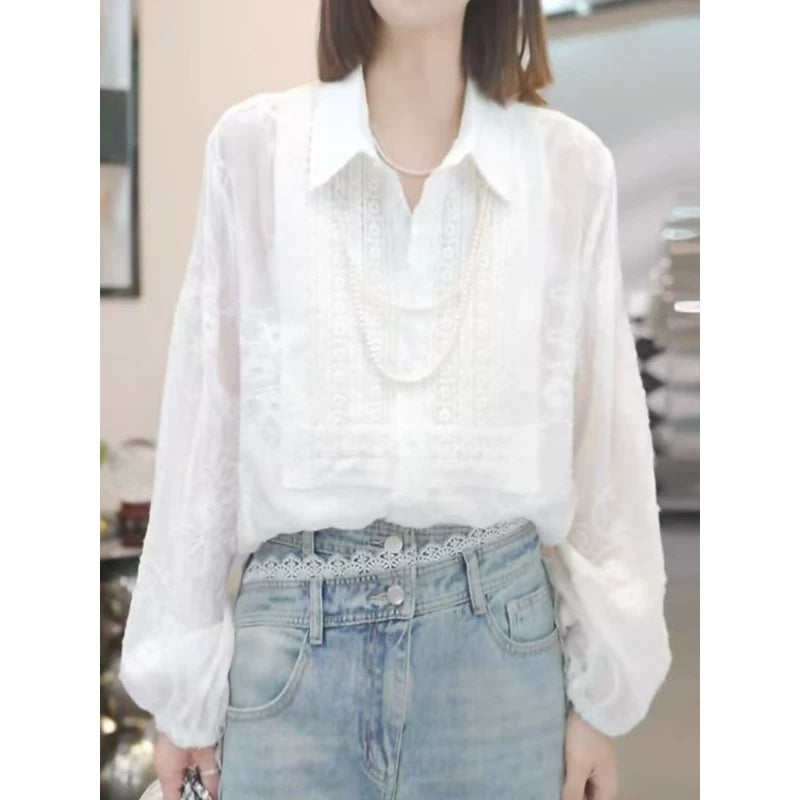 Qadınlar üçün böyük ölçülü krujeva bluza, yaz üslubunda, boş formada, arıqlama üçün, dəbdəbəli, gənc, nazik örtüklü top