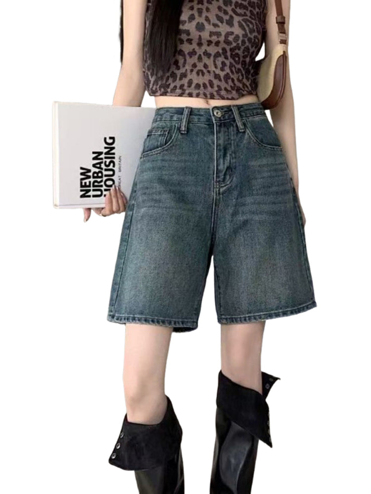 Böyük ölçülər üçün retro düz ayaqlı denim şortlar, yay nazik üslubunda, yüksək belli, kalçanı örtən, arıqladıcı A-xətti enli ayaqlı beş nöqtəli şortlar