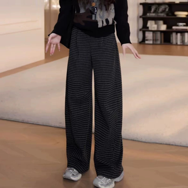 Qadınlar üçün retro dama-dama enli şalvar, 2026 payız/qış yeni dəbdə, böyük ölçüdə, yüksək belli, arıqladıcı, çoxfunksiyalı, gündəlik düz ayaqlı şalvar.