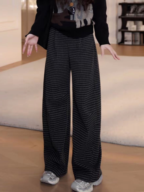 Qadınlar üçün retro dama-dama enli şalvar, 2026 payız/qış yeni dəbdə, böyük ölçüdə, yüksək belli, arıqladıcı, çoxfunksiyalı, gündəlik düz ayaqlı şalvar.