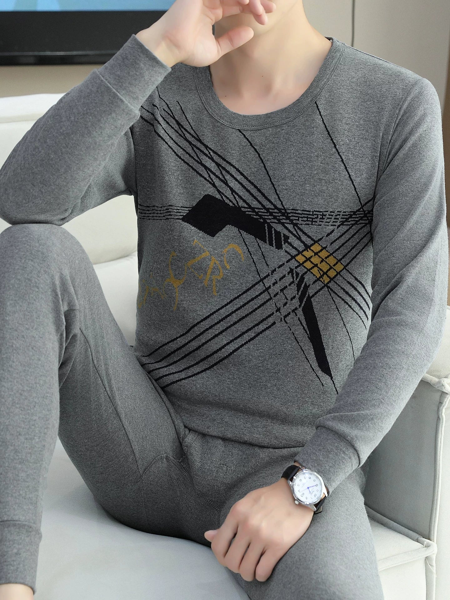 Kişilər üçün 100% Pambıqdan Payız və Qış üçün Termal Alt Geyim Dəsti, Sincan Təmiz Pambıqdan Əsaslı Köynək, Dəyirmi Yaxalıq, Jakarlı Termal Alt Geyim, Dəbli Kişi Geyimləri