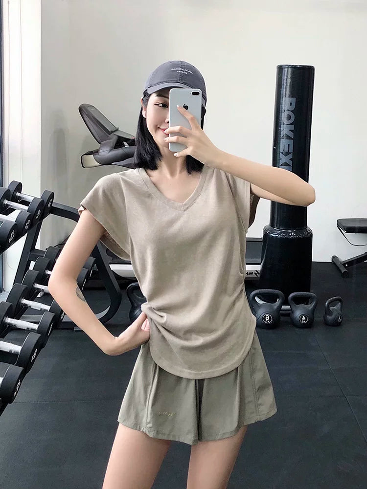 [Yeni Rəng]annerunV-yaxa boş idman top qadın köynəyi yoqa geyimi, tez quruyan geyim fitnes örtüyü