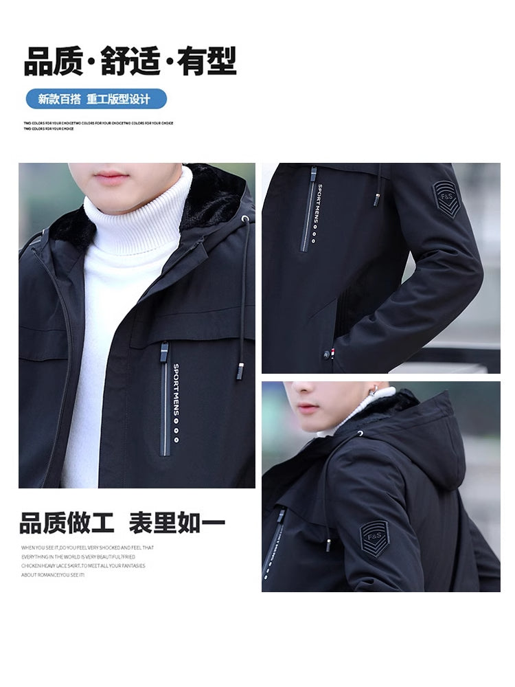 Woodpecker 2025 Payız/Qış Yeni Kişilər üçün Başlıqlı Gündəlik Küləkdən Qoruyucu, Yun astarlı Qalın Üst Geyim