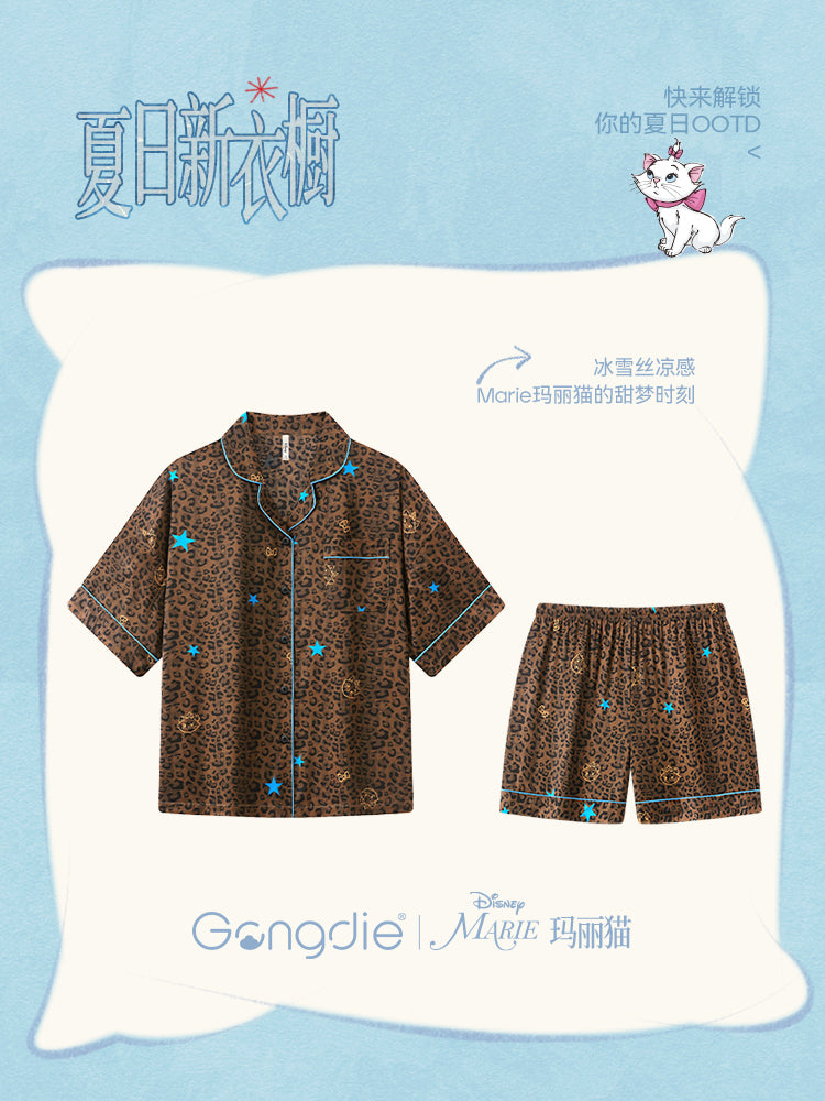 Gongdie [sərin tip] Disney Marie Cat pijamaları qadınlar üçün yay qısaqollu buz və qar ipəyi ilə bəbir çaplı ev paltarları