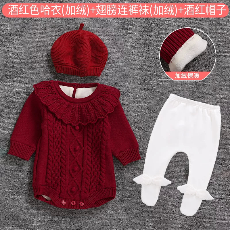 Qız uşağı üçün qış sviteri, yun astarlı, yeni doğulmuş/tam aylıq körpə geyimləri, şahzadə stilində şık romper, ilk ad günü dəsti, qırmızı.