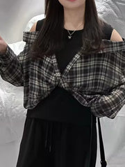 Böyük ölçülü dizayn, süni iki hissəli, çiyinləri açıq dama-dama köynək, böyük ölçülü qadınlar üçün yeni yaz üslubunda, geniş formalı, super arıqladıcı köynək.