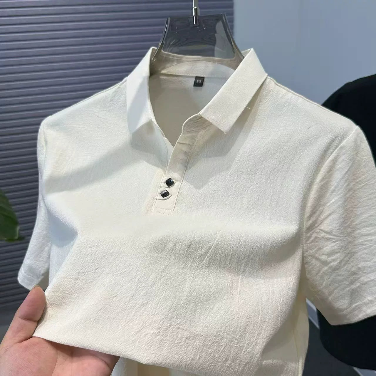 Pambıq və kətan retro imitasiya kətan düz rəngli polo köynək kişi qısaqol yay kişi boş yaxa köynək yarımqol zirvə moda paltar