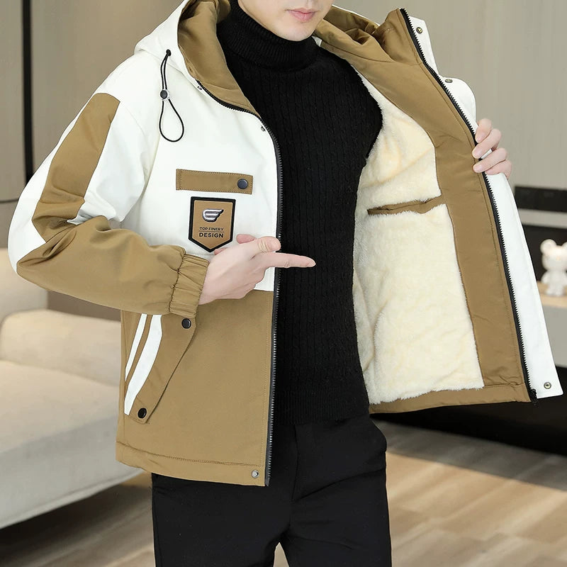 Yun astarlı və qalınlaşdırılmış kişi pambıqlı palto, dəbli Koreya üslubunda başlıqlı pambıqlı gödəkçə, şık, çox yönlü və isti kişi pambıqlı geyimləri