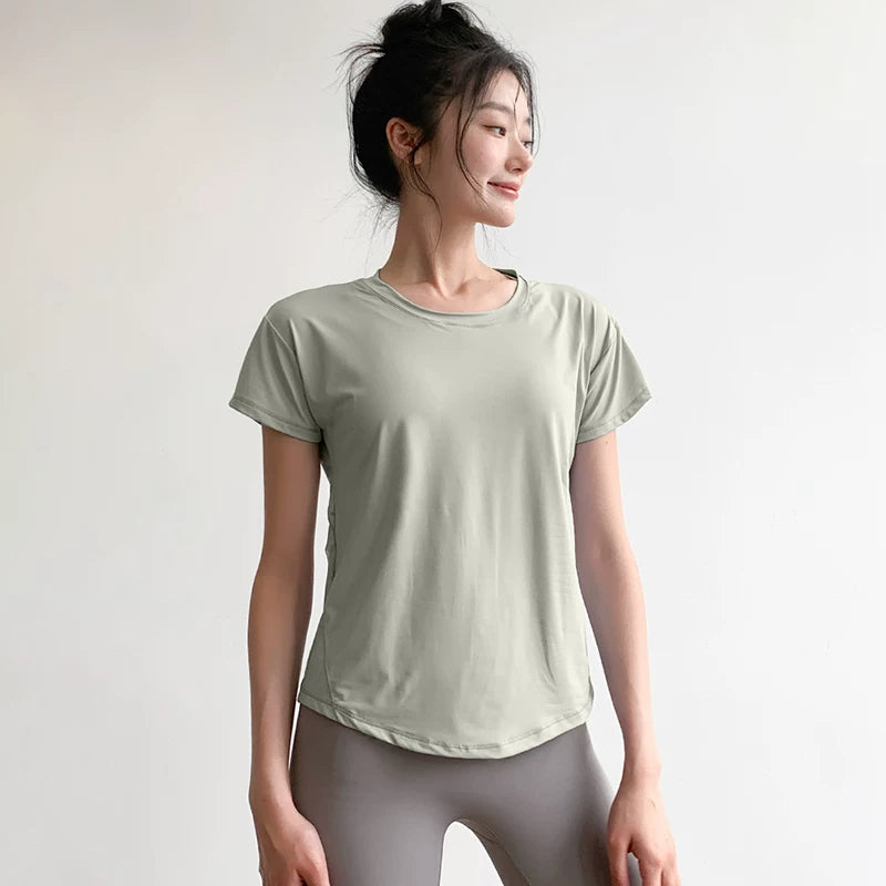 Ağır atletika pəri qaçışı idmanı qısaqol qadın yay yoqa köynəyi boş tez quruyan Pilates məşqi fitnes qısaqol