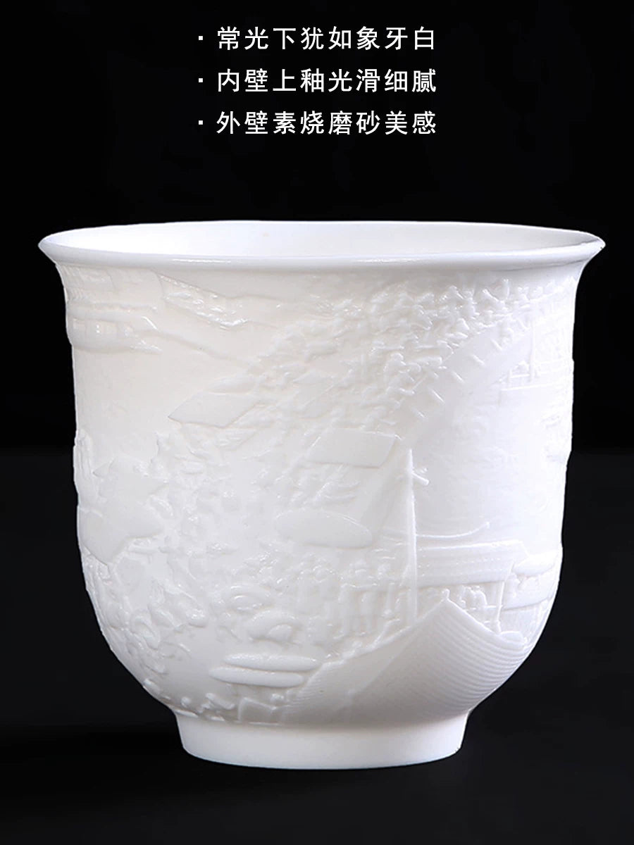 Dehua ağ çini qoyun əti yağlı yeşim çay fincanı usta fincan tək stəkan böyük keramika Qingming çayı səhnəsi Dragon və Phoenix çay fincanı çay fincanı